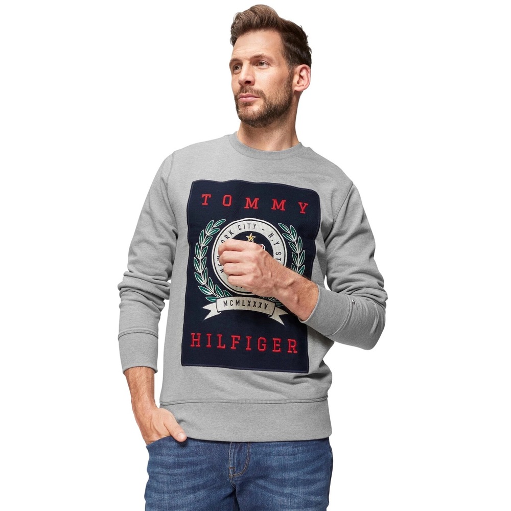 Tommy Hilfiger New York City Logo Embroidered Gray Crew Neck Men's Sweatshirt